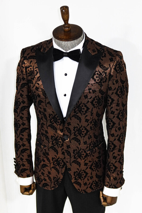 Floral Patterned Peak Lapel Gold Men Prom Blazer - Wessi