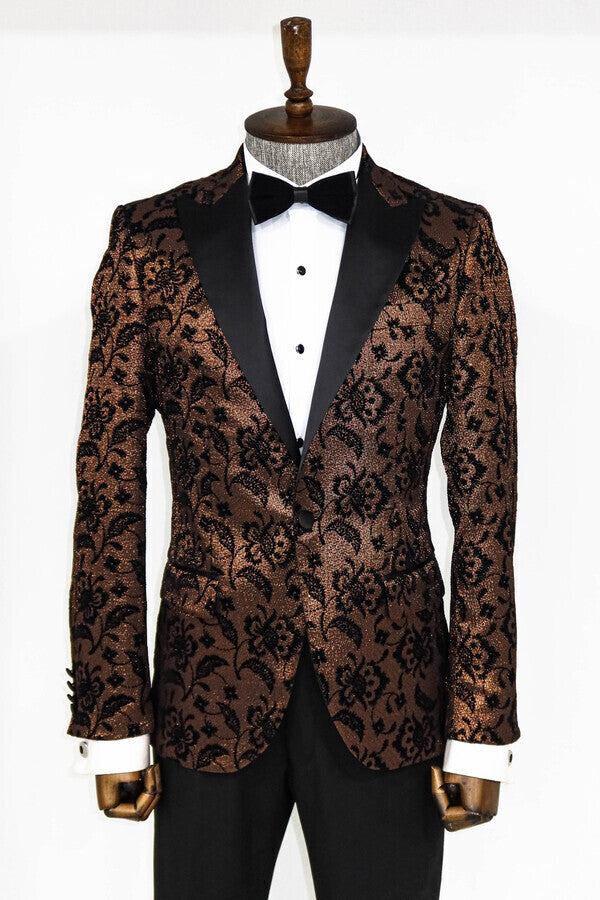 Floral Patterned Peak Lapel Gold Men Prom Blazer - Wessi