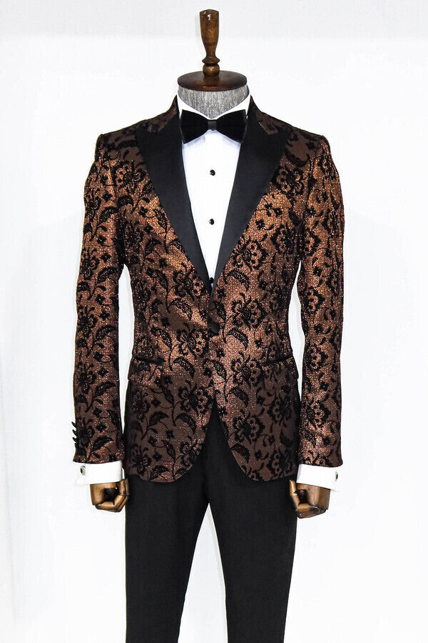 Floral Patterned Peak Lapel Gold Men Prom Blazer - Wessi