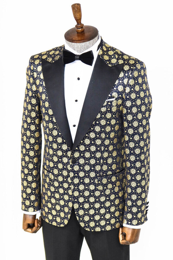 Floral Patterned Peak Lapel Navy Blue Men Prom Blazer - Wessi