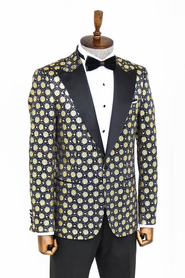 Floral Patterned Peak Lapel Navy Blue Men Prom Blazer - Wessi