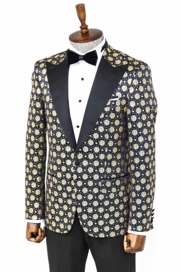 Floral Patterned Peak Lapel Navy Blue Men Prom Blazer - Wessi