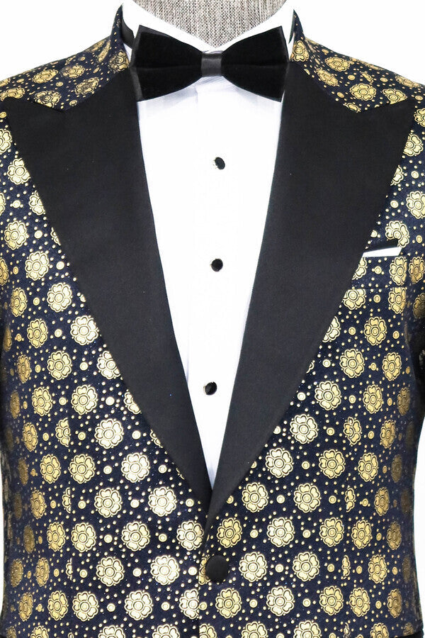 Floral Patterned Peak Lapel Navy Blue Men Prom Blazer - Wessi