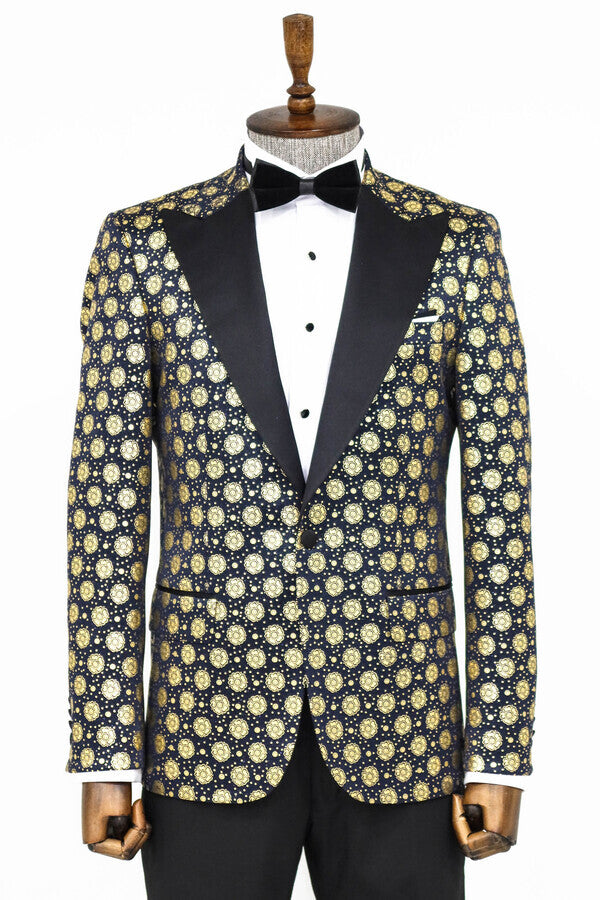 Floral Patterned Peak Lapel Navy Blue Men Prom Blazer - Wessi