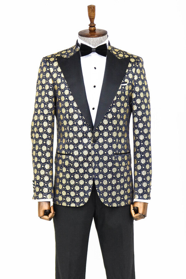 Floral Patterned Peak Lapel Navy Blue Men Prom Blazer - Wessi