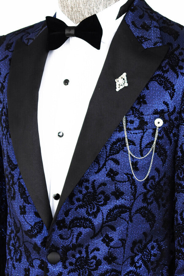 Floral Patterned Peak Lapel Navy Blue Men Prom Blazer - Wessi