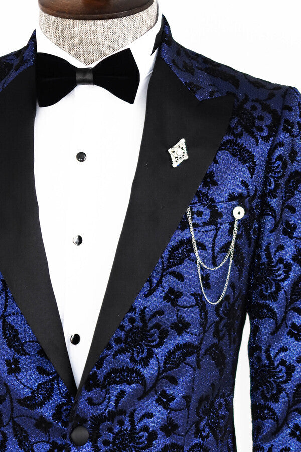 Floral Patterned Peak Lapel Navy Blue Men Prom Blazer - Wessi