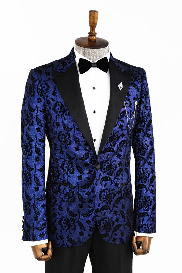 Floral Patterned Peak Lapel Navy Blue Men Prom Blazer - Wessi