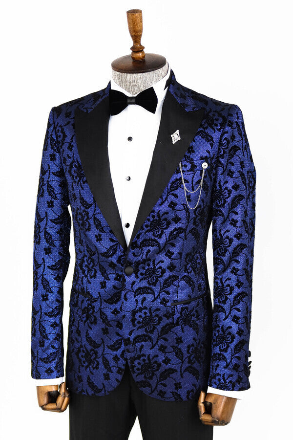 Floral Patterned Peak Lapel Navy Blue Men Prom Blazer - Wessi