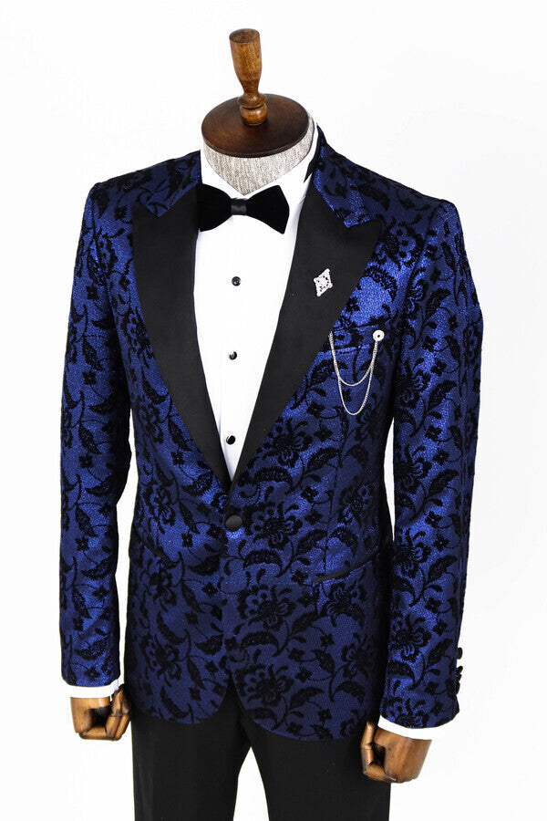 Floral Patterned Peak Lapel Navy Blue Men Prom Blazer - Wessi