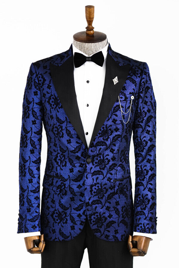 Blazer de fiesta para hombre azul marino con solapa de pico y estampado floral - Wessi