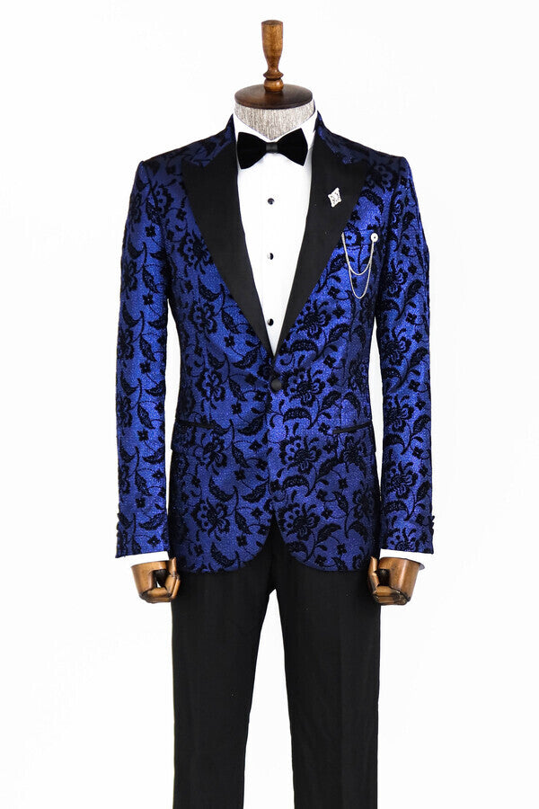 Floral Patterned Peak Lapel Navy Blue Men Prom Blazer - Wessi