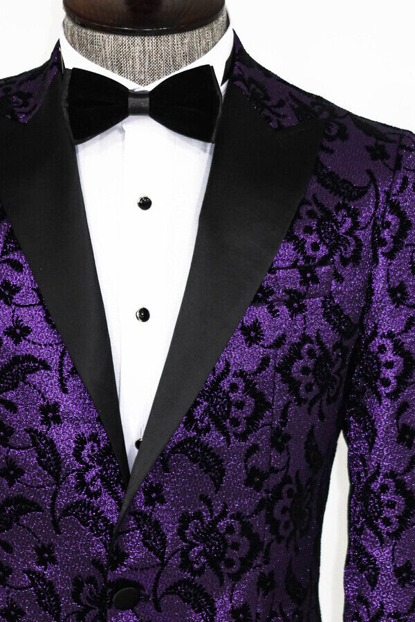 Blazer morado con solapa de pico y estampado floral para hombre - Wessi