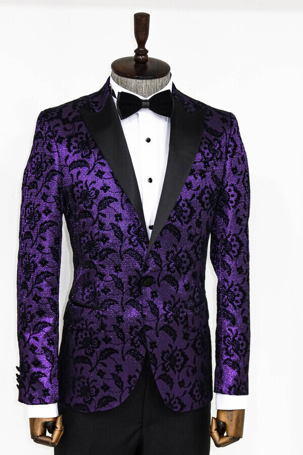 Blazer morado con solapa de pico y estampado floral para hombre - Wessi