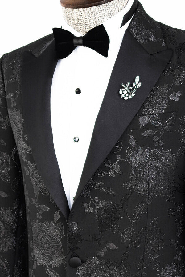 Floral Patterned Shiny Peak Lapel Black Men Prom Blazer - Wessi