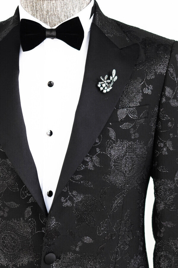 Floral Patterned Shiny Peak Lapel Black Men Prom Blazer - Wessi