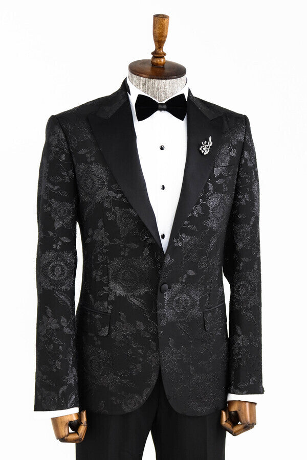 Blazer de fiesta para hombre con solapa de pico brillante y estampado floral en color negro - Wessi