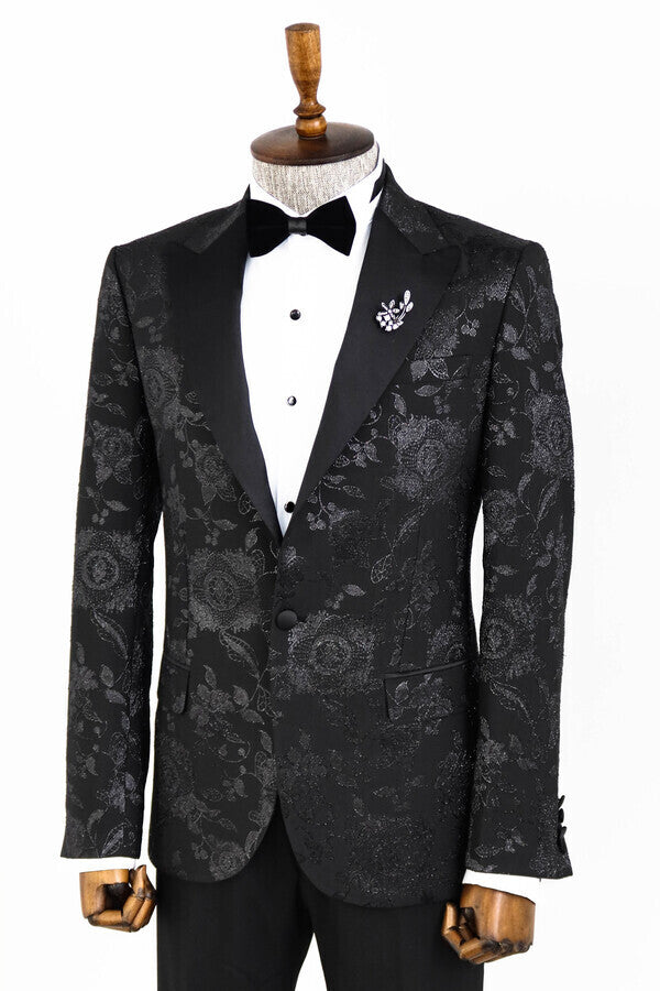 Blazer de fiesta para hombre con solapa de pico brillante y estampado floral en color negro - Wessi