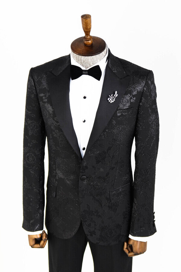 Blazer de fiesta para hombre con solapa de pico brillante y estampado floral en color negro - Wessi