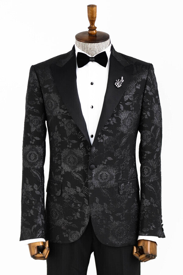 Floral Patterned Shiny Peak Lapel Black Men Prom Blazer - Wessi