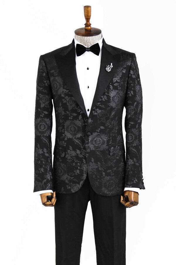 Blazer de fiesta para hombre con solapa de pico brillante y estampado floral en color negro - Wessi