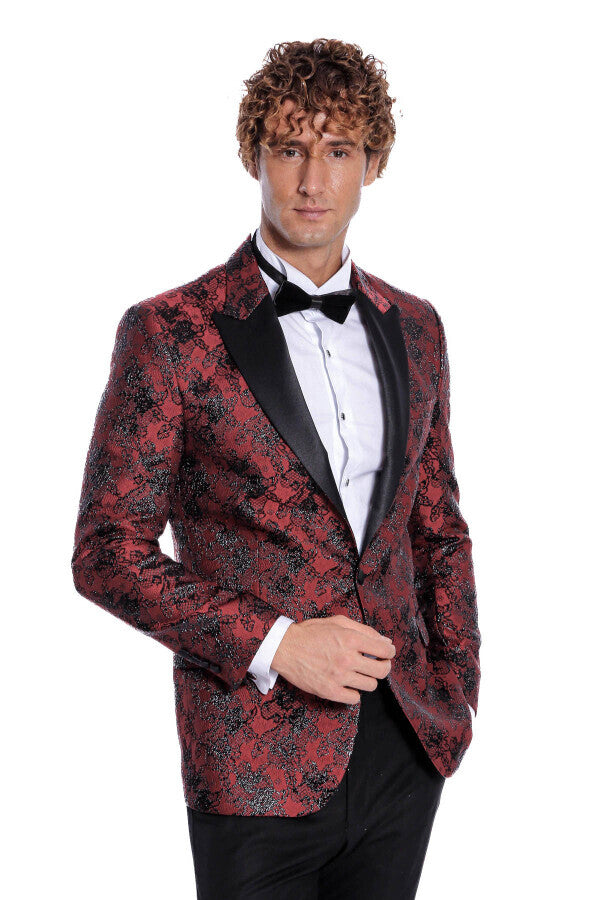 Blazer de fiesta ajustado con estampado floral color burdeos para hombre - Wessi