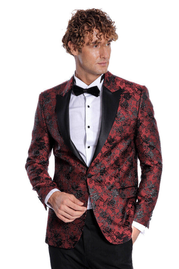 Blazer de fiesta ajustado con estampado floral color burdeos para hombre - Wessi