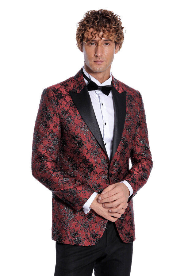 Blazer de fiesta ajustado con estampado floral color burdeos para hombre - Wessi