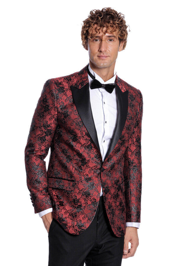 Blazer de fiesta ajustado con estampado floral color burdeos para hombre - Wessi