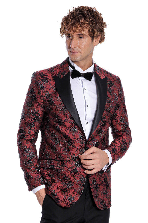 Blazer de fiesta ajustado con estampado floral color burdeos para hombre - Wessi