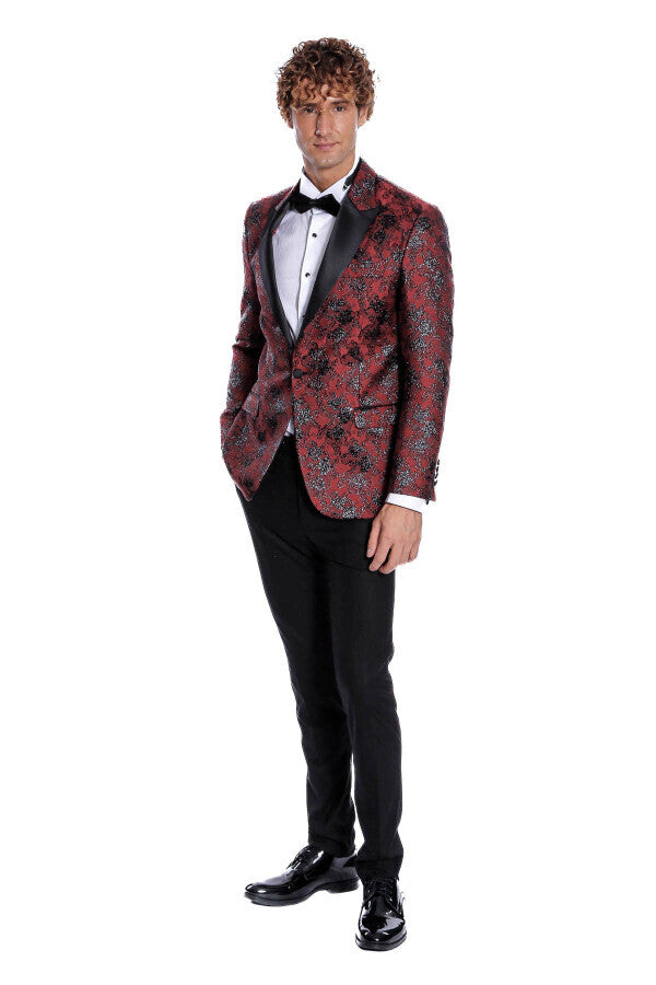 Blazer de fiesta ajustado con estampado floral color burdeos para hombre - Wessi