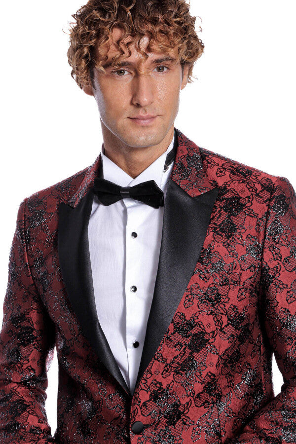 Blazer de fiesta ajustado con estampado floral color burdeos para hombre - Wessi