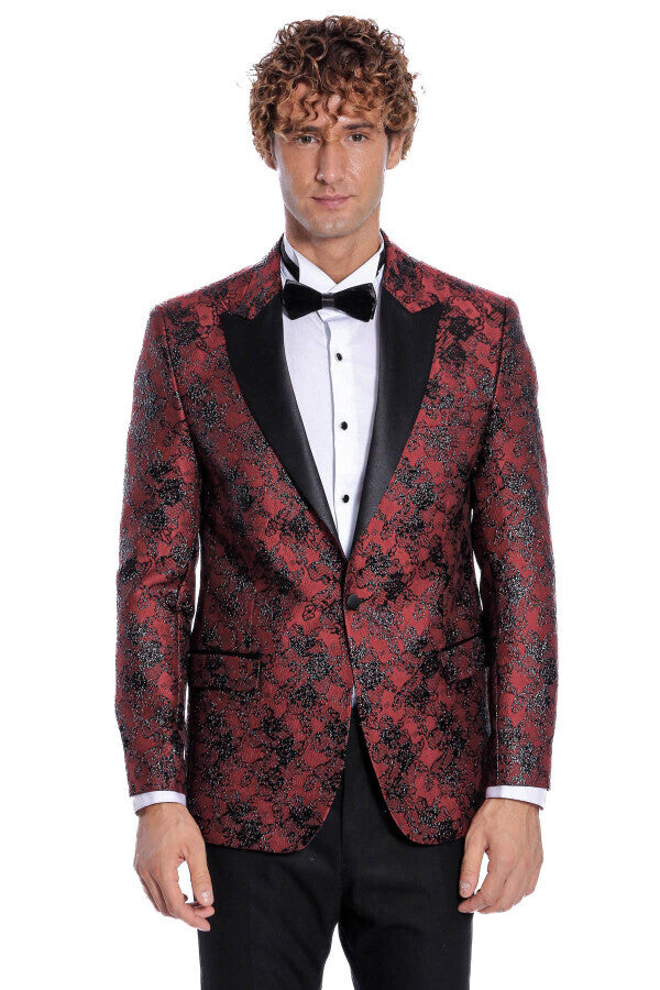 Blazer de fiesta ajustado con estampado floral color burdeos para hombre - Wessi