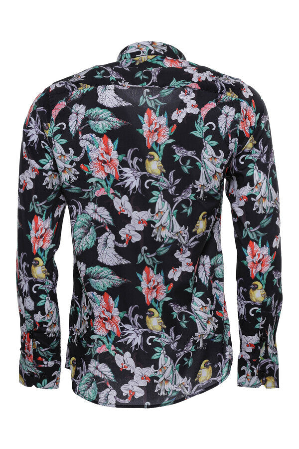 Camisa ajustada de manga larga con estampado floral para hombre, color negro - Wessi