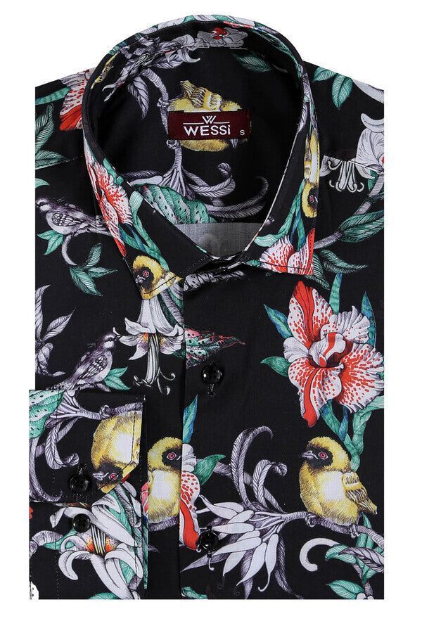 Camisa ajustada de manga larga con estampado floral para hombre, color negro - Wessi