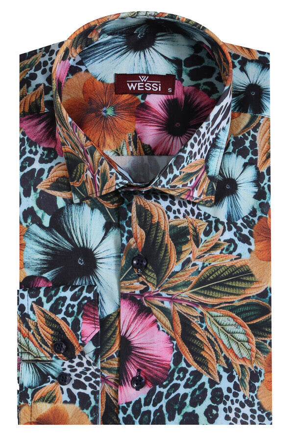 Camisa de hombre multicolor de manga larga ajustada con estampado floral - Wessi