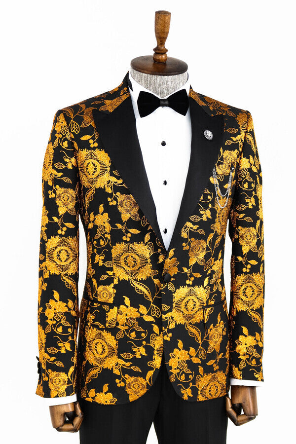 Floral Patterned Slim Fit Yellow Men Prom Blazer - Wessi