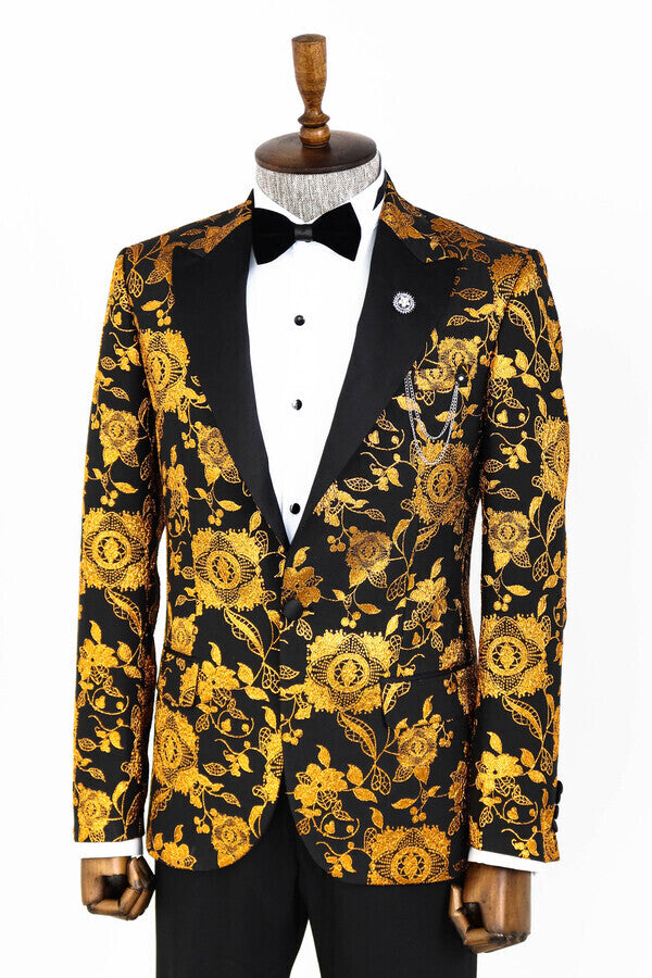 Blazer de fiesta ajustado con estampado floral en amarillo para hombre - Wessi