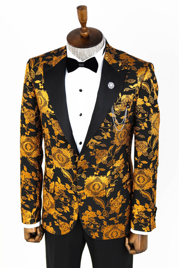 Floral Patterned Slim Fit Yellow Men Prom Blazer - Wessi