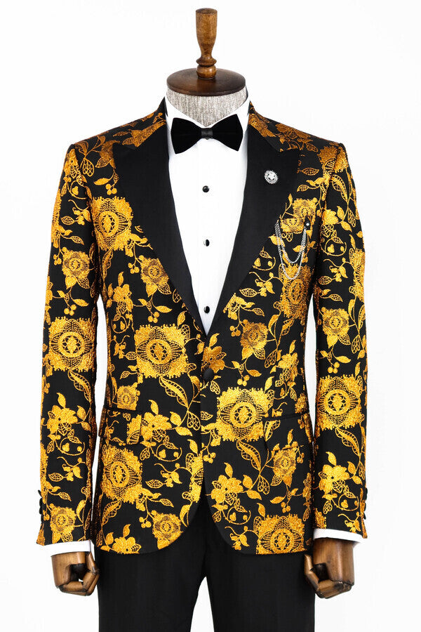 Floral Patterned Slim Fit Yellow Men Prom Blazer - Wessi