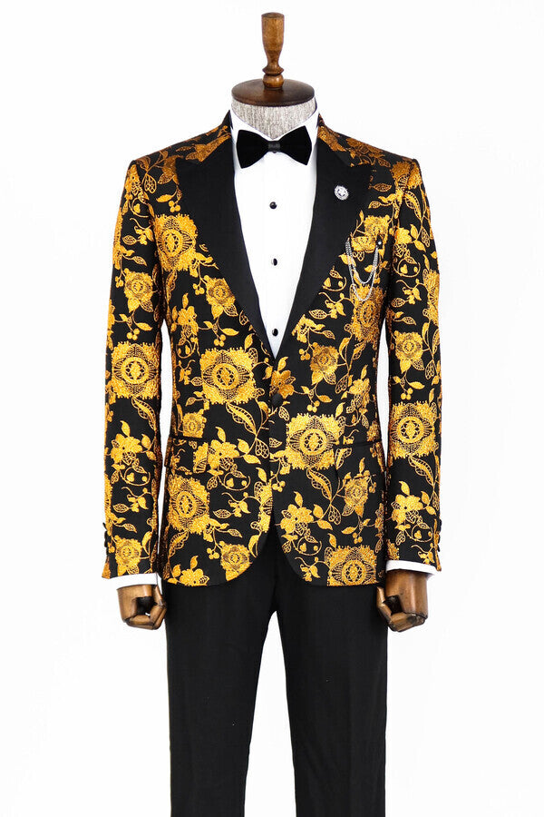 Floral Patterned Slim Fit Yellow Men Prom Blazer - Wessi