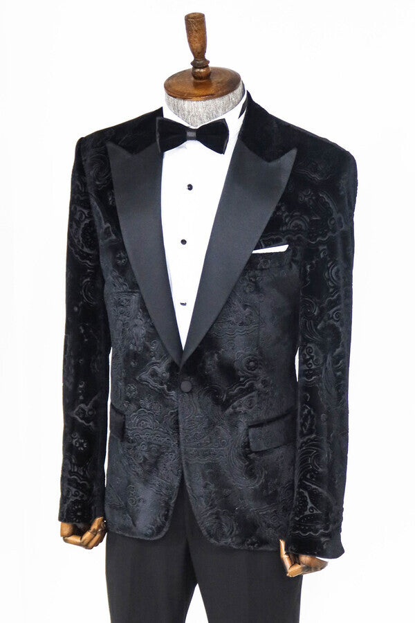 Blazer de terciopelo negro con estampado floral para hombre para fiesta de graduación - Wessi