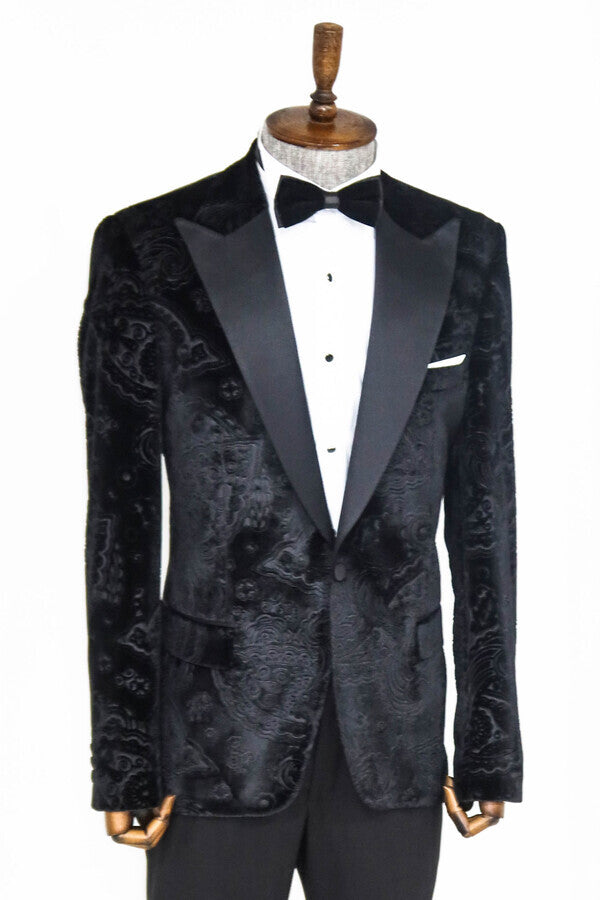 Floral Patterned Velvet Black Men Prom Blazer - Wessi