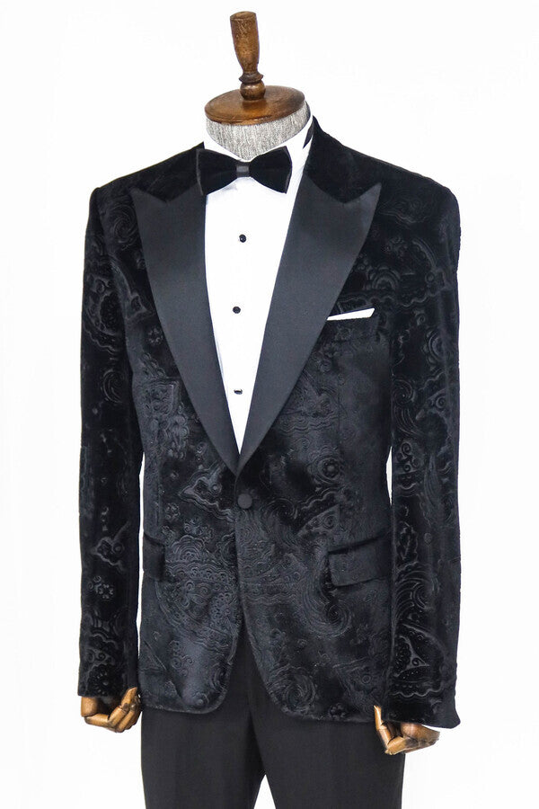 Blazer de terciopelo negro con estampado floral para hombre para fiesta de graduación - Wessi