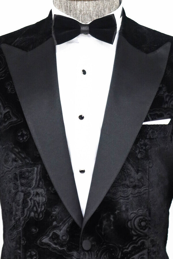 Floral Patterned Velvet Black Men Prom Blazer - Wessi