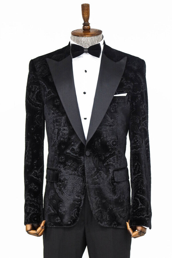 Floral Patterned Velvet Black Men Prom Blazer - Wessi