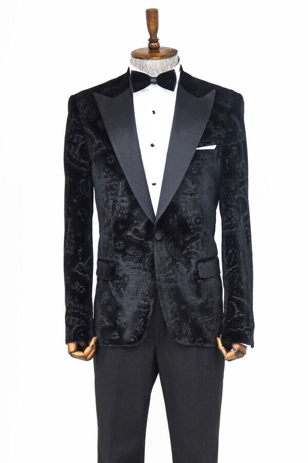 Blazer de terciopelo negro con estampado floral para hombre para fiesta de graduación - Wessi