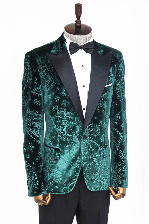 Floral Patterned Velvet Green Men Prom Blazer - Wessi