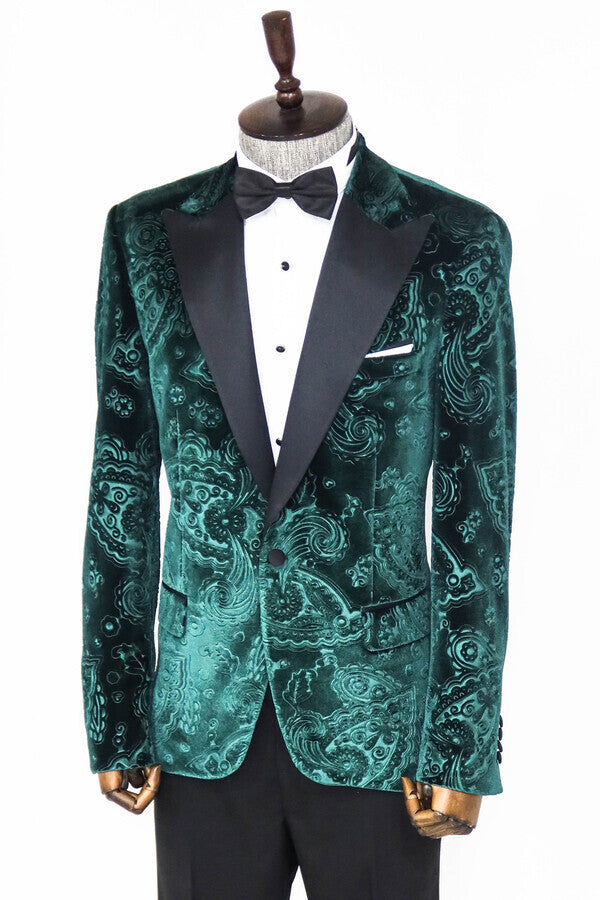 Floral Patterned Velvet Green Men Prom Blazer - Wessi