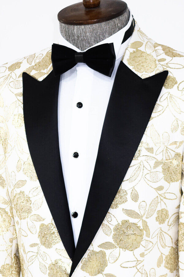 Floral Patterned White Men Prom Blazer - Wessi